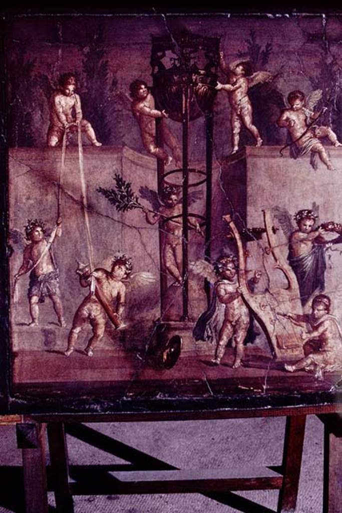 V.18/17, Herculaneum, 1978. Painting of cupids playing with the attributes of Apollo including a tripod, found in the centre of the north wall in an upper room.
Photo by Stanley A. Jashemski.
Source: The Wilhelmina and Stanley A. Jashemski archive in the University of Maryland Library, Special Collections (See collection page) and made available under the Creative Commons Attribution-Non Commercial License v.4. See Licence and use details.
J78f0501
According to Esposito, this painting was found in the centre of the north wall in “Bottega V.17, ambiente (18)”.
See Esposito, D. (2014). La pitture di Ercolano. Rome, “L’Erma” di Bretschneider, (tav.74) in Studi della Soprintendenza archeologica di Pompei, no.33.
According to Pagano and Prisciandaro, painted plaster was found on 21st December 1937 in an upper room.
Now in Naples Archaeological Museum, inventory number 149336.
21 dic 1937 Ercolano.
Piano superiore, intonaco dipinto: “abaco di intonaco incassato nella cornice di legno originaria (carbonizzata) nel quale sono degli eroti che giocano col tripode apollineo”. (NAP 149336).
See Pagano, M. and Prisciandaro, R., 2006. Studio sulle provenienze degli oggetti rinvenuti negli scavi borbonici del regno di Napoli. Naples: Nicola Longobardi. (p.232).